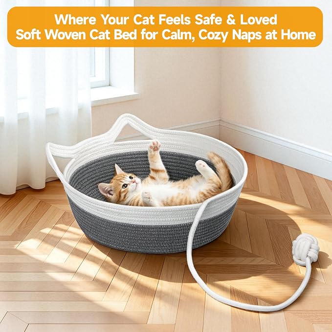 Cotton Rope Woven Cat Bed Basket, Cat Beds for Indoor Cats | Hand woven pet bed with toy tail, fits indoor cats, small puppies & rabbits, soft woven sofa sleeping basket for small pets