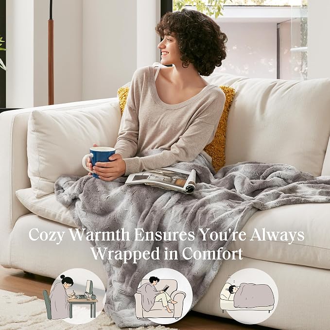 Madison Park Zuri Faux Fur Reversible Throw Blanket, 50 x 60 in, Grey | Oversized Soft Plush, Luxury, Animal Stripes, Mink Reverse, Modern, All Season, for Bed Sofa Couch, OEKO-TEX Certified