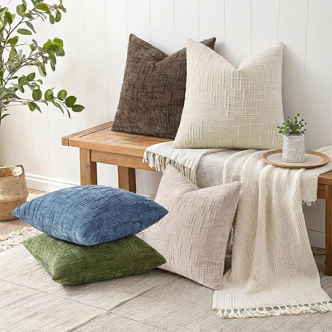 decorUhome Textured Chenille Throw Pillow Covers 20x20 Set of 2 Olive Green | Fall Modern Farmhouse Soft Cozy Slubby Couch Pillow Cases Boho Decorative Pillow Cases for Bed Sofa Living Room Home Decor
