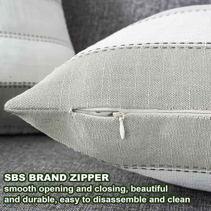 Pack of 2 Farmhouse Stripe Check Throw Pillow Covers Set Case Cotton Linen Decorative Pillowcases Cushion Cover for Couch Bench Sofa 24x24Inch Light Grey Beige
