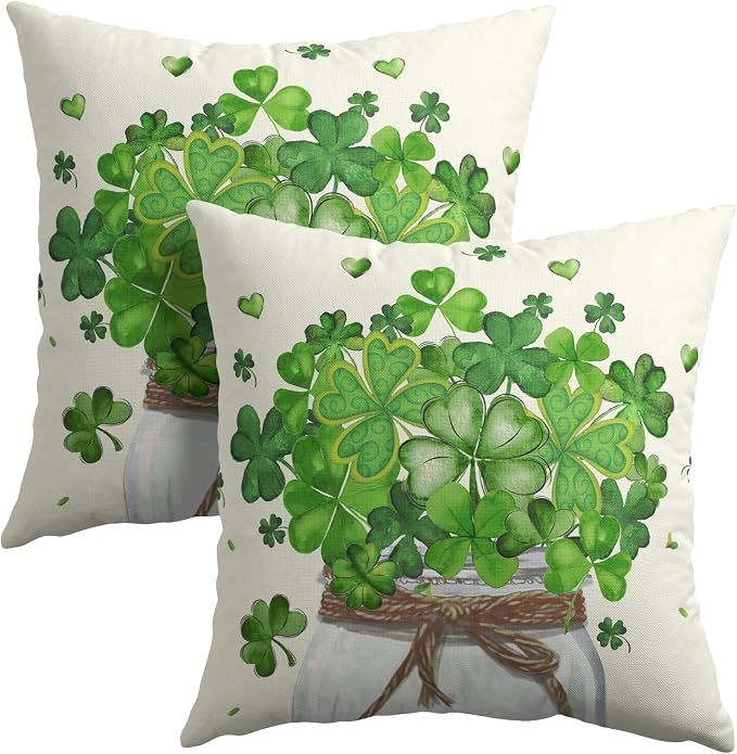Kawani St Patricks Day Pillow Covers 16x16 Inch Set of 2 Green Shamrock Lucky Clover Mason Jar Pillowcase Cotton Linen Square Cushion Case Decoration for Home Couch Sofa Bed Living Room