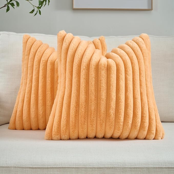 FUTEI Pack of 2 Faux Fur Throw Pillow Covers 20x20 Inch, Orange | Fluffy Faux Rabbit Fur Front/Premium Velvet Back,Hidden Zipper,Machine Washable,Non-Shedding,Colorfast,Insert Not Included.