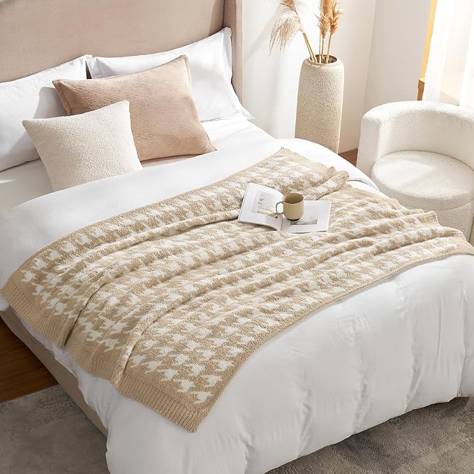 Snuggle Sac Throw Blanket for Couch, Reversible Super Soft Warm Blankets Cozy Knit Fuzzy Plush Lightweight Throws for Sofa, Bed, Camping,Houndstooth Beige,50x60 inches