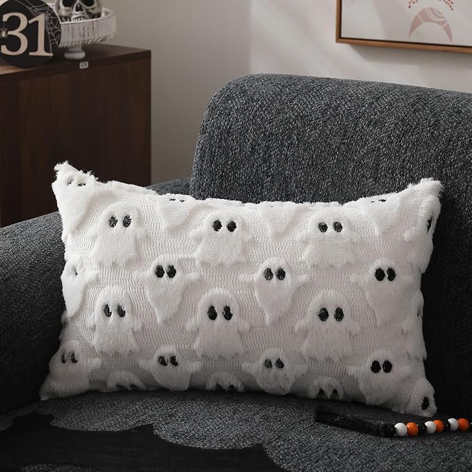 DFXSZ Halloween Pillow Covers 12x20 inch 2Pcs White Ghost Halloween Decor | Halloween Decorations Set of 2 Throw Pillow Cases Plush Faux Fur Wool Cushion for Chair Sofa Bedroom Living Room Home Decor