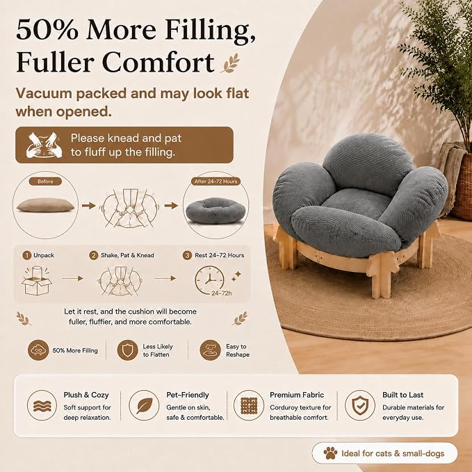 Elevated Cat Bed Wooden Frame, Sofa Furniture with Washable Cushion (Gray) | Soft Beds with Extra Filling prevent flattening, while Stable Wooden Frame with Base Board supports 50 lbs for Kitty & Puppy.
