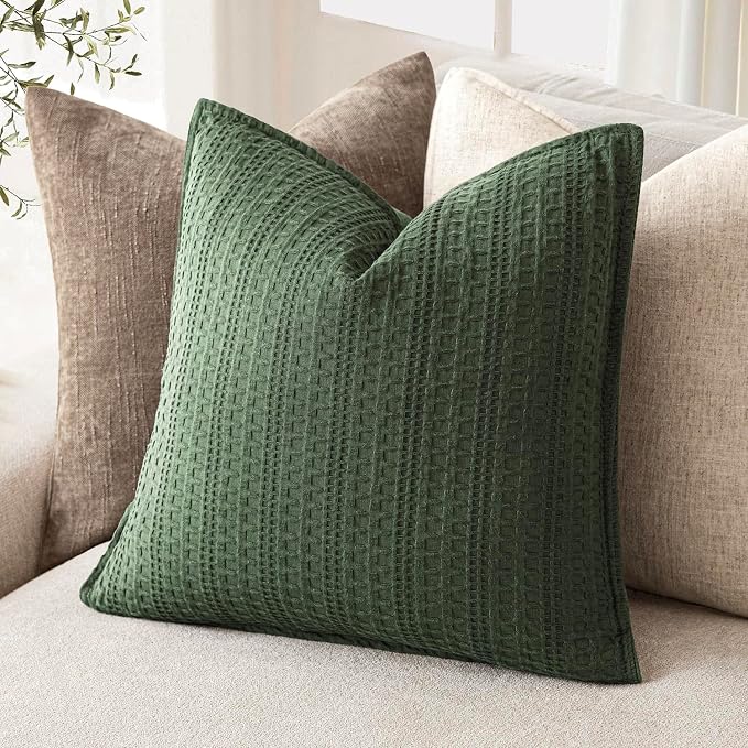 Foindtower Set of 2 Decorative Cotton Waffle Weave Throw Pillow Covers Euro Shams Cushion Covers Accent European Pillowcase for Bed Couch Sofa Bedroom Living Room Home Decor 24×24 Inch Dark Green