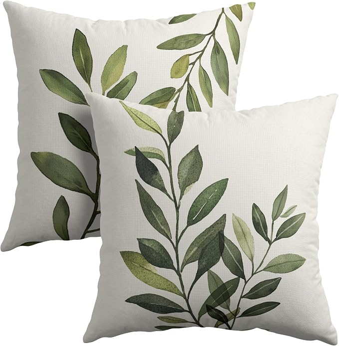 Kawani Sage Green Leaf Pillow Covers 18x18 Inch Set of 2 Spring Leaves Plants Botanical Decorative Pillowcase Cotton Linen Square Cushion Case for Couch Sofa Bedroom Home Decoration