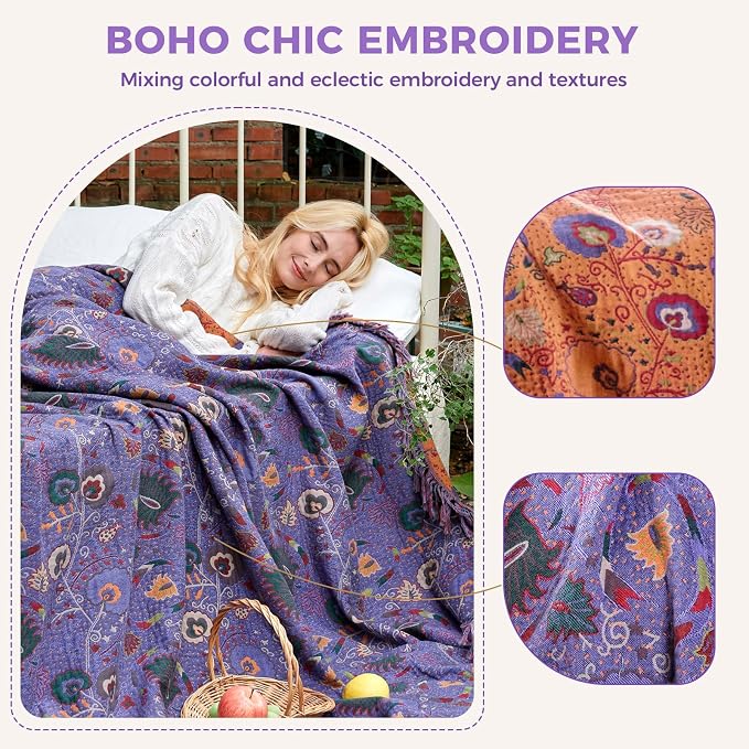 LUTBM Boho Throw Blanket for Bed 60"x80", 100% Cotton Purple Couch Blankets | Reversible Floral Embroidery, All-Season Soft Quilt, For Chair Sofa Living Room, Lightweight Breathable Gauze, Home Decor
