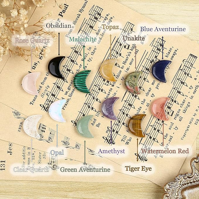 DUQGUHO Moon Stones and Healing Crystals 1 inch Moon Crystal Ornaments Set Energy Balancing Gemstones Meditation Polished Stone Christmas Ornaments Crystal Gifts for Women 12PCS