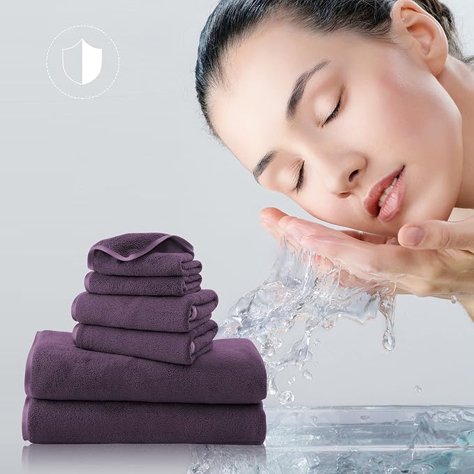 TENSTARS Luxury Silk Hemming Towel Set - Light Thin Quick Drying - 2 Bath Towels 2 Hand Towels 2 Washcloths - Ultra Soft Microfiber Towel for Bath Fitness, Sports, Yoga, Travel (Grape Purple 6 Pieces)