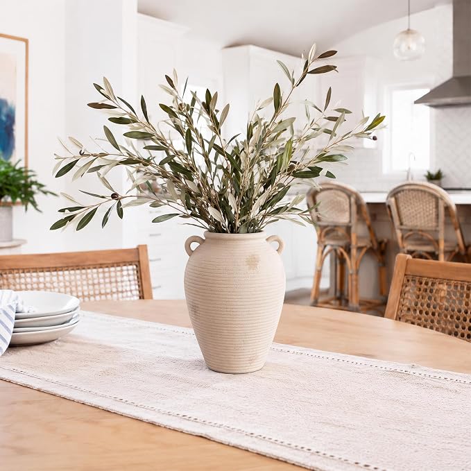 8.7" Beige Ceramic Vase with Handles for Home Decor | Textured ceramic vase with handles; vintage ceramic vase styling; a watertight small decorative vase for flowers and tables