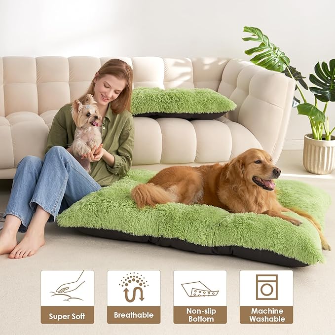 EHEYCIGA Fluffy Dog Crate Bed, Plush XX Large Dog Pillow, Green | Xlarge Calming Anti Anxiety Plush Faux Fur Mat for Large size dogs, Washable Soft Warm Dog Pad with Non-Slip Bottom