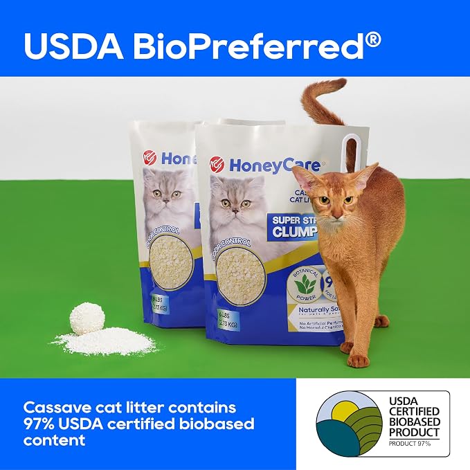 HoneyCare Cassava Cat Litter | Natural Plant-Based Litter | Quick Clumping & Low Dust | Superior Odor Control | 24-lbs Value Pack (6 lbs x 4)