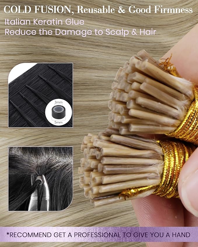 LaaVoo Itip Human Hair Extensions I Tip Hair Extensions Human Hair Highlights Light Blonde to Golden Blonde 14in 40g 80s