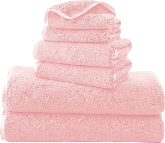 TENSTARS Luxury Silk Hemming Towel Set - Light Thin Quick Drying - 2 Bath Towels 2 Hand Towels 2 Washcloths - Ultra Soft Microfiber Towel for Bath Fitness, Sports, Yoga, Travel (Pink 6 Pieces)