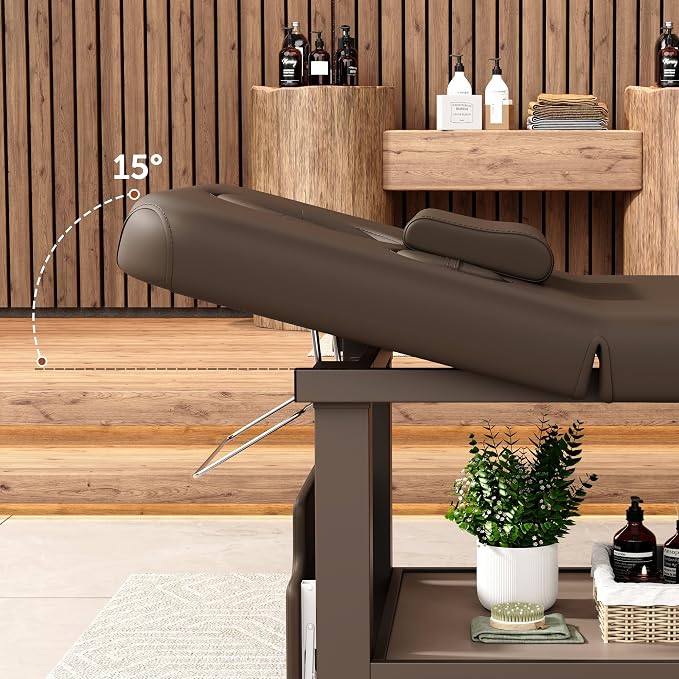 Extra Large 34''×80'' Folding Stationary Massage Table with Adjustable Backrest, Heavy-Duty Metal Frame PU Leather Treatment Bed for Spa, Physical Therapy, Tattoo, Facial & Medical Exam - Brown