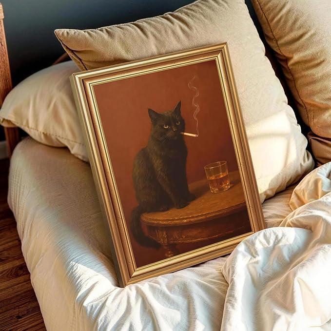 ICHZUMW Gold Framed Funny Black Cat Whiskey Vintage Canvas Wall Art 12x16In | Funny Cat Smoking Cigarette Picture, Quirky Animal Bar Wall decor, Bathroom Man Cave Bedroom, Fade Resistant, Ready to Hang