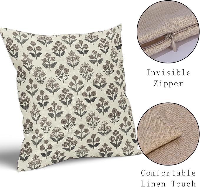 Black Dark Brown Floral Pillow Covers 20x20 Inch Set of 2, Vintage Flower Block Print Pattern Decorative Throw Pillowcases Outdoor Rustic Farmhouse Cushion Covers Antique Neutral Sofa Couch Bed Decor