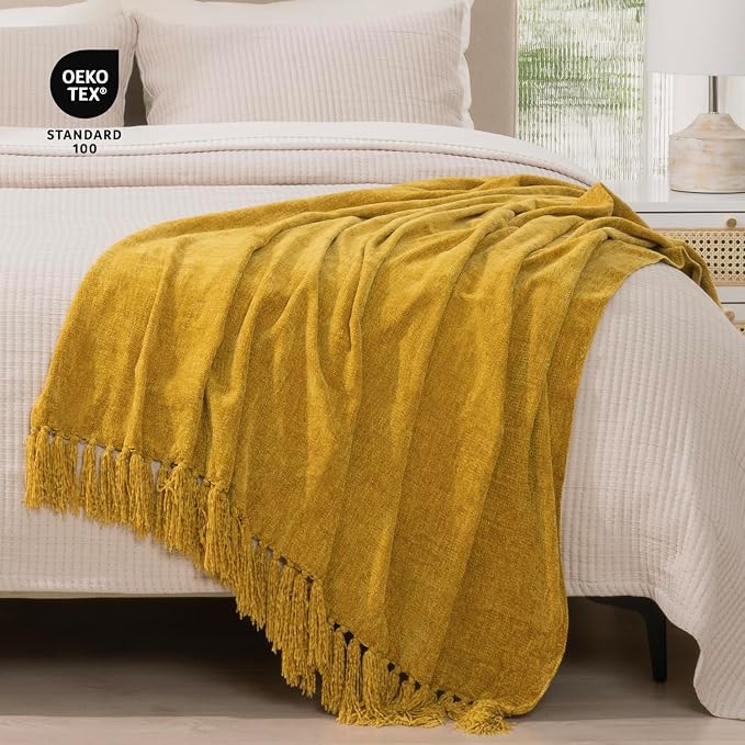 RECYCO Chenille Throw Blanket for Couch, 60"x80", Mustard Yellow | Super Soft Knit Throw Blanket with Fringe Tassels, Lightweight Knitted Throw, Cozy, Ideal for Sofa Chair Bed Living Room Gift