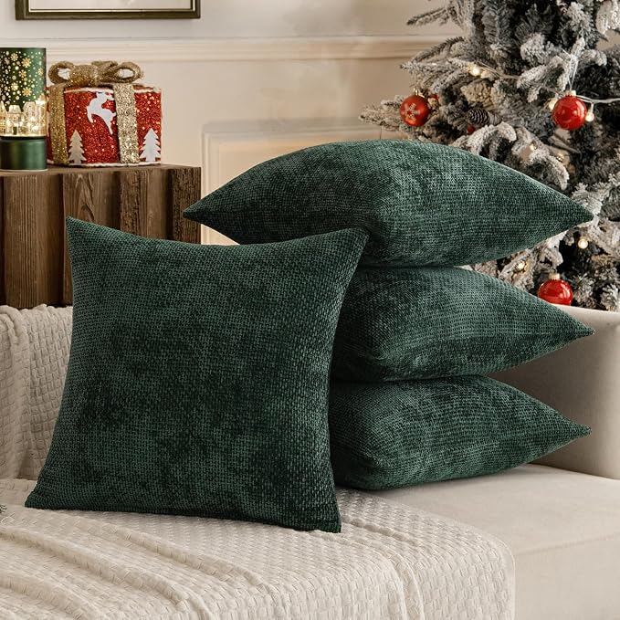MIULEE Decorative Chenille Pillow Covers Christmas Green 18x18 Pack of 4 | Christmas Home Decor, All Same Green Color Set, Couch Throw Pillows, Farmhouse Boho Cushion Covers for Sofa Bed Living Room