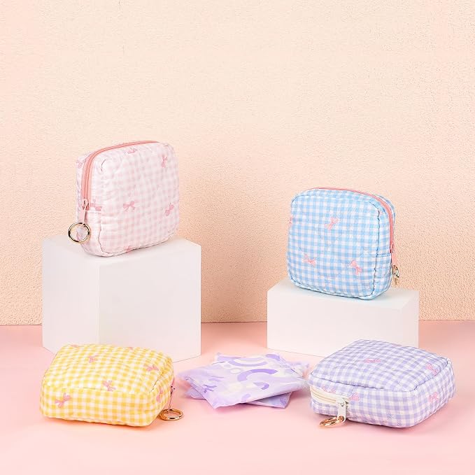 Period Bag for Teen Girls, Quilted Sanitary Napkin Storage Bag, Cute Bow Tie Menstrual Pad Pouch Tampon Holder (Plaid Pink)