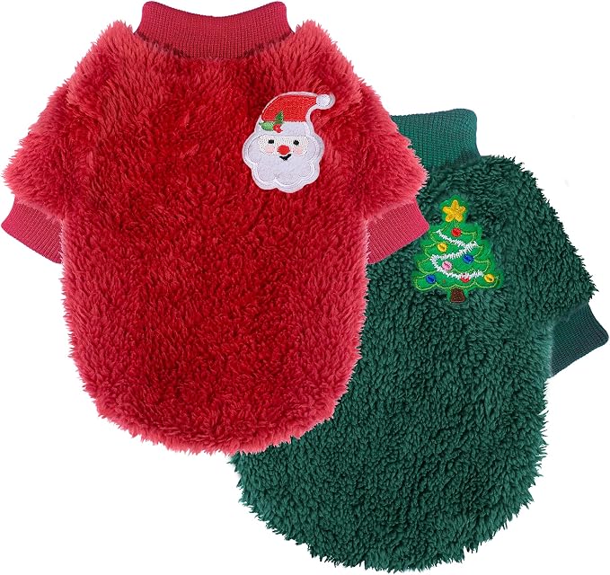 2 Pieces Dog Sweater for Small Dogs Winter Warm Puppy Sweater Fleece Cute Dog Clothes for Dogs Like Chihuahua Yorkie Thick Pet Clothing (Xmas Red, Green, Medium)