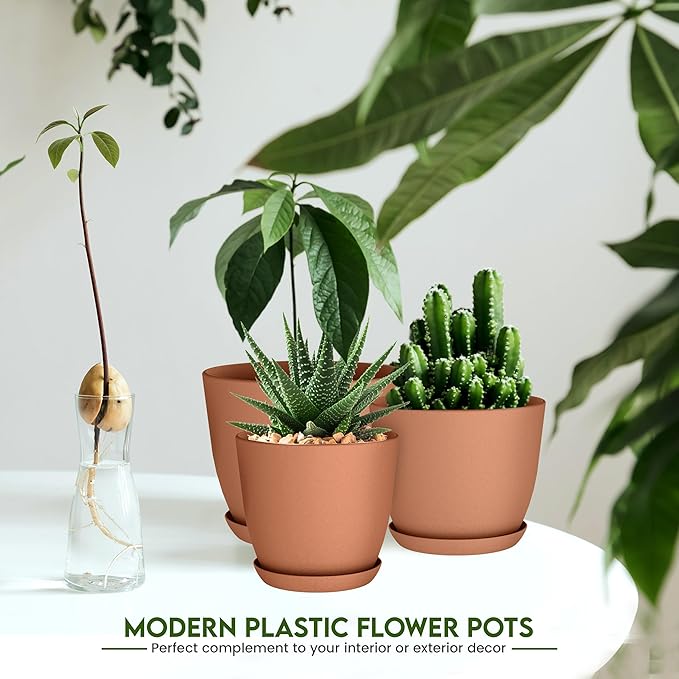 Plant Pots Indoor with Drainage, 5 Pack Multi-Size Planters Set, Terracotta | Drainage holes included Multiple sizes 7/6.6/6/5.3/4.8 In Indoor plants and flowers Durable plastic construction