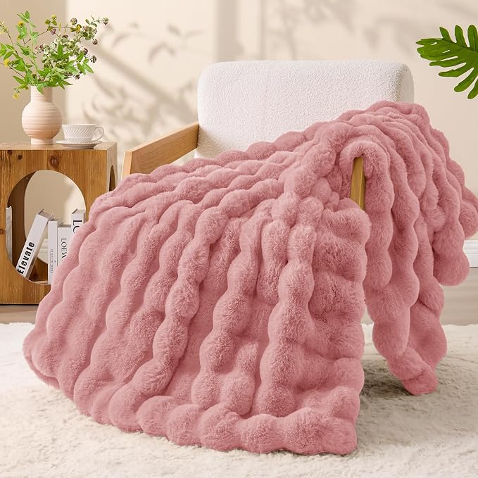 BEDELITE Faux Fur Throw Bubble Blanket for Couch, 60" x 80", Dusty Pink | 870GSM Soft Cozy Plush Blanket for Sofa & Bed Living Room Decor, Warm Fuzzy Faux Rabbit Fur for Women Gift, All Season Use