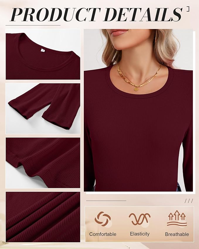 Ficerd 3 Pack Women's Ribbed Long Sleeve Tops, Crew Neck Slim Fit Undershirts Knit Basic Casual Stretch Layering Tee Shirts
