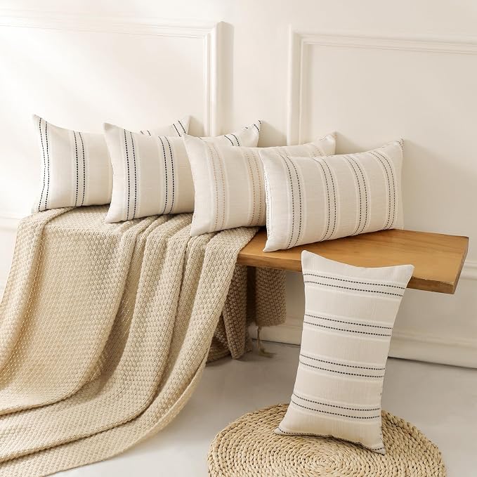 Hckot Hand Made Throw Pillow Covers 12x20 Set of 2 Striped Pillow Covers Textured Linen Decorative Pillows Lumbar Cushion Covers for Sofa Couch Bed Living Room Farmhouse Decor, Grey