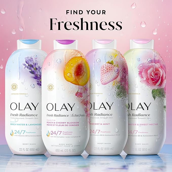 Olay Body Wash for Women, Fresh Radiance, 24/7 Skin-Loving Freshness, Visibly Radiant, Plant Based Cleansers, Vitamin B3 & Antioxidant Blend, For All Skin Types, Peach & Cherry Blossom Scent, 22 fl oz