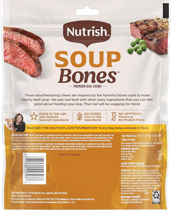 Nutrish Soup Bones Beef Dog Chews, 12.6 oz. Bag (6 Treats) (Rachael Ray) | Rawhide-Free, Contains No Artificial Flavors or By-Product Meals, Soft Texture, Easy on Gums, Resealable Bag