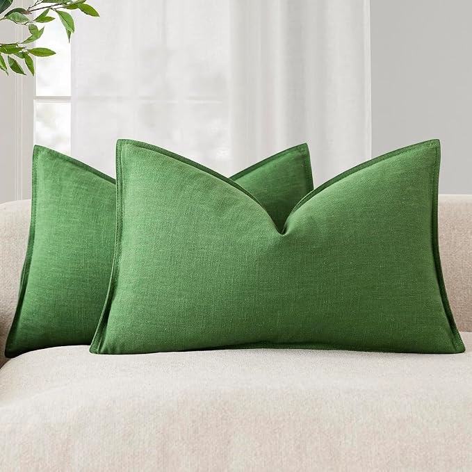 Foindtower Pack of 2, Decorative Linen Solid Throw Pillow Covers Soft Accent Lumbar Cushion Case Boho Farmhouse Pillowcase for Chair Couch Sofa Bedroom Living Room Home Decor 12 x 20 Inch Forest Green