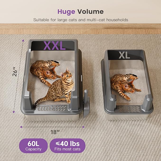 Extra Large XXL Stainless Steel Cat Litter Box with Lid, 26" L x 18" W x 12" H Metal Litter Box with High Sides for Big Cats & Multiple Cats, Never Absorbs Odors, Anti-Urine Leakage, Easy Cleaning