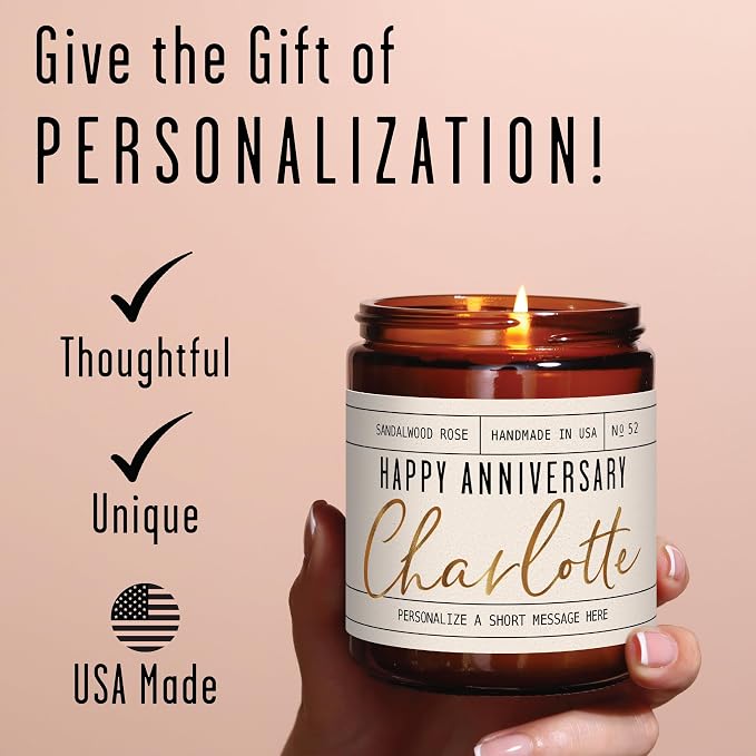 PERSONALIZED Anniversary Gifts for Girlfriend or Wife - 'Happy Anniversary' Candle, w/Sandalwood Rose I Perfect Year Anniversary Gift for Her I 50Hr Burn, USA Made