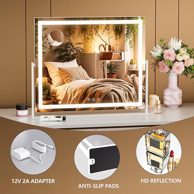 Vanity Mirror with Lights, 26'' x 22'' Lighted Makeup Mirror, Touch Screen with 3-Color Lighting, Dimmable for Vanity Desk Tabletop Square White