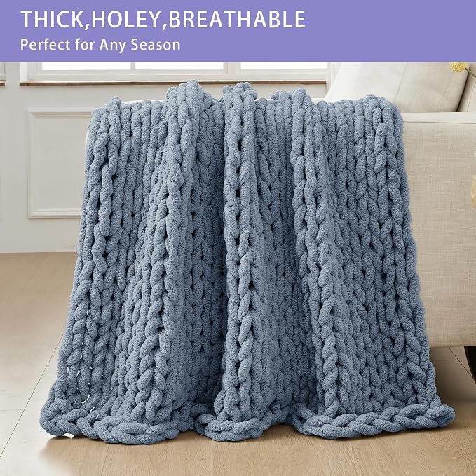 Bigacogo Chunky Knit Throw Blanket for Couch, 40x40 inches, Cold Sea Blue | Hand Knit with Jumbo Chenille, Soft Breathable Cable Knit for Sofa Bed Living Room, Machine Washable, Gift for Mom Friend