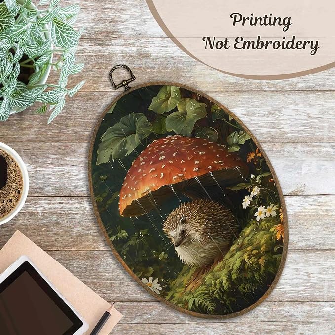 LKETW Vintage Whimsical Hedgehog Oval Wall Art Decor, Dark Cottagecore Oval Canvas Hanging Decor, Moody Botanical Hedgehog Mushroom Wall Decorations for Home Bedroom Living Room, 8.6x11.4 Inch