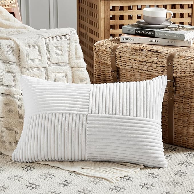 Fancy Homi White Lumbar Decorative Throw Pillow Covers 12x20 Inch for Living Room Couch Bed Sofa, Rustic Farmhouse Boho Home Decor, Soft Striped Corduroy Rectangle Accent Cushion Case 30x50 cm