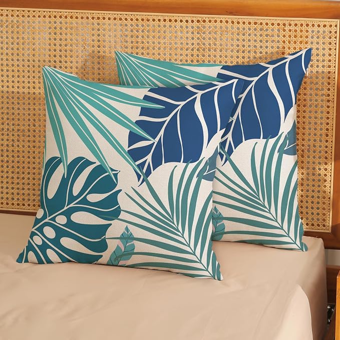 Tropical Pillow Covers 24x24 Set of 2 Navy Blue Aqua Teal Monstera Palm Leaf Pillowcase Tropical Summer Outdoor Decorations Throw Pillows Linen Decor Botanical Plant Cushion Case for Home Bed