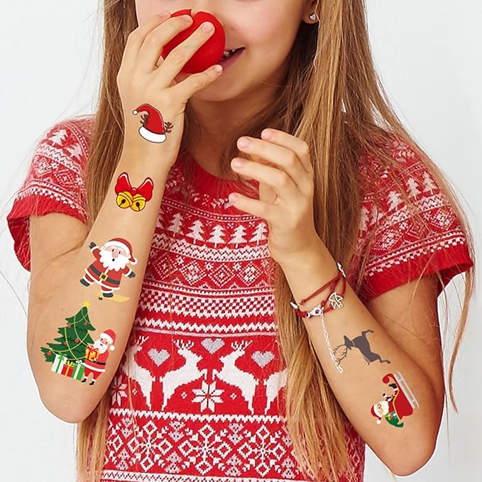 Christmas Temporary Tattoos for Kids, 240PCS Cartoon Xmas Body Stickers, Santa Claus Snowman Reindeer Socks Face Fake Tattoo Makeup, Christmas Holiday Party Favor Supplies Decorations Boys Girls