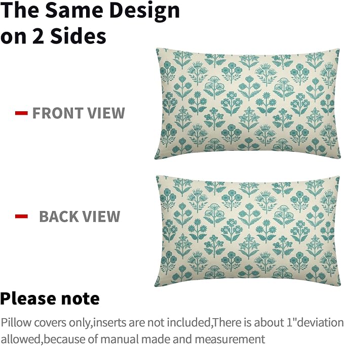 Teal Floral Pillow Covers 12x20 Inch Set of 2, Block Print Lumbar Flower Cream Decorative Throw Pillowcases Outdoor Farmhouse Rectangle Cushion Covers Spring Summer Sofa Couch Bed Decor