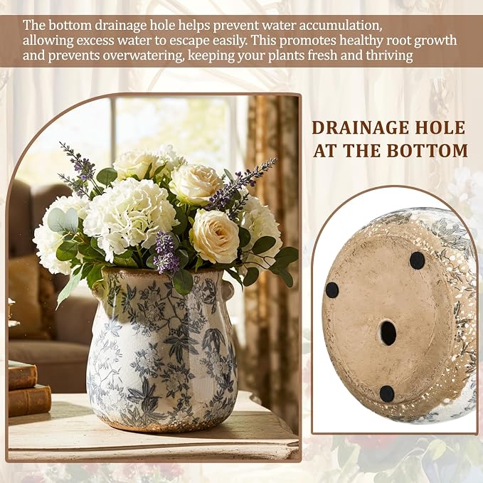 Ceramic Scroll Planter 6.5 Inch Chinoiserie Floral Vase with Drainage Holes Vintage Flower Vase Flower Pot Rustic Ceramic Pots for Indoor Plants Garden Home Bookshelf Decor(Gray Glaze)