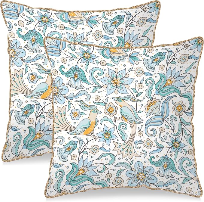 KSLIDS Vintage Floral Soft Velvet Throw Pillow Covers Set of 2 Blue Yellow Flower Birds Decorative Pillow Covers 20x20 Inch Chinoiserie Country Pillow Case for Sofa Couch Bedroom Farmhouse Home Decor