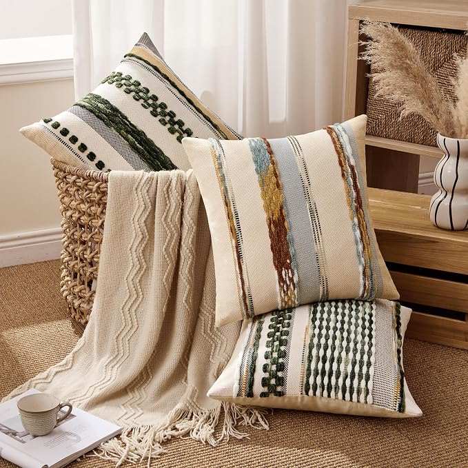 ANRODUO Boho Decorative Pillow Covers Olive Green Stripe 18x18 Pack of 1 | Throw Pillow Covers, Farmhouse Cushion Case, Chenille Pillow Cases, Pillow Covers, Accent Neutral Pillowcase for Couch Bed