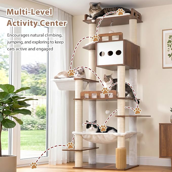 Modern Cat Tree, 76'' Tall Cat Tower - 3 Big Platform GCT103EB