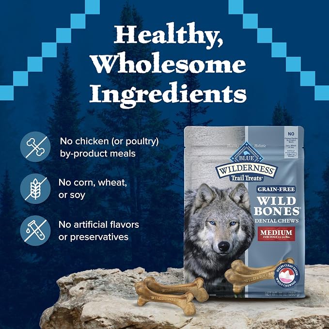 Blue Buffalo Wilderness Medium Dog Dental Chews, Grain-Free, 27 oz | Reduces Tartar & Plaque, Freshens Breath, Sized for Dogs 25-50 lbs., No Artificial Preservatives