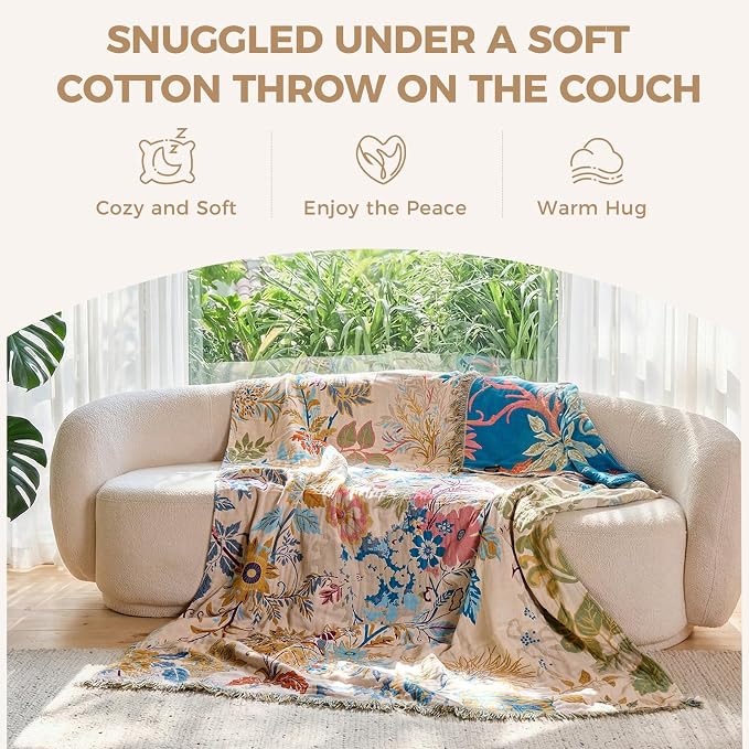 LUTBM Boho Throw Blanket for Couch 50"x60", Cotton Decorative Bed Throw | Reversible Floral Leaves Jacquard, All-Season Lightweight Breathable Blankets, For Chair Sofa Bedroom Living Room