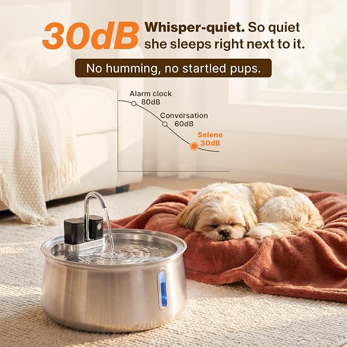 Selene Wireless Doggy Fountain, 7L (1.85 Gal) Cordless Dog Water Fountain for Dogs Inside, Stainless Steel Pet Fountain, 4-Layer Filtration, 30-Day Battery