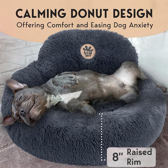 PetJett Small Dog Bed - 23'' Round Dog Beds, Calming Puppy Bed - Washable Dog Bed - Anti-Slip, Super Soft Fluffy Plush Faux Fur Pet Bed, Anti-Anxiety Premium Comfort Donut Bed, Fits Dogs Upto 25 lbs